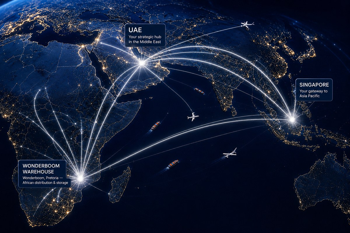 Night-lit world map showing AMMAC air and sea routes between the UAE hub, the Singapore gateway to Asia Pacific and the Wonderboom warehouse in Pretoria