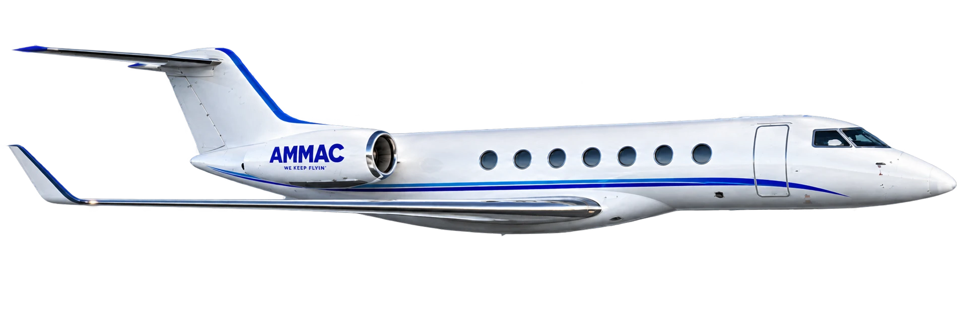 AMMAC-liveried business jet in flight above the clouds