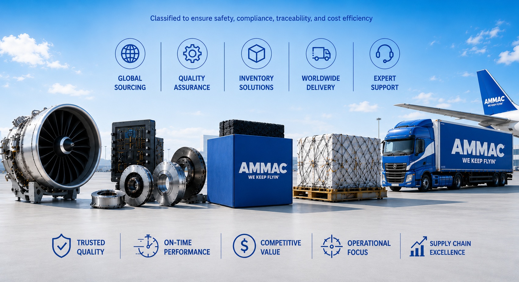 AMMAC Aircraft Parts capabilities — global sourcing, quality assurance, inventory solutions, worldwide delivery and expert support, shown across engine components, packaged parts, air cargo and the AMMAC delivery fleet