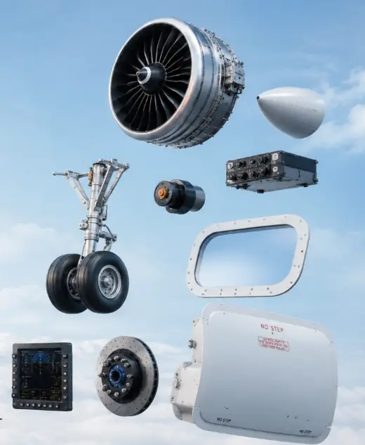 Array of aircraft components — turbine engine, landing gear, brake disc, avionics, and panels against a clear sky