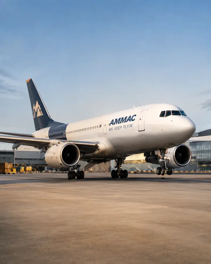 AMMAC-liveried airliner at the gate