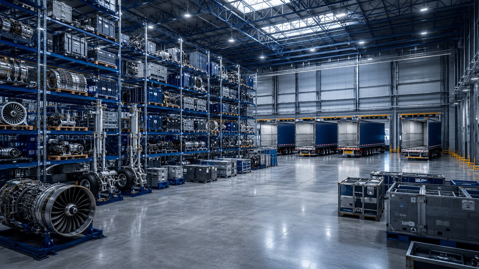 Warehouse aisle stocked with aircraft parts