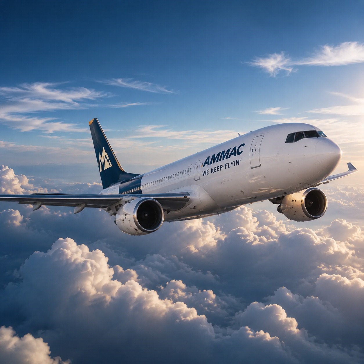 AMMAC-liveried airliner cruising above the clouds